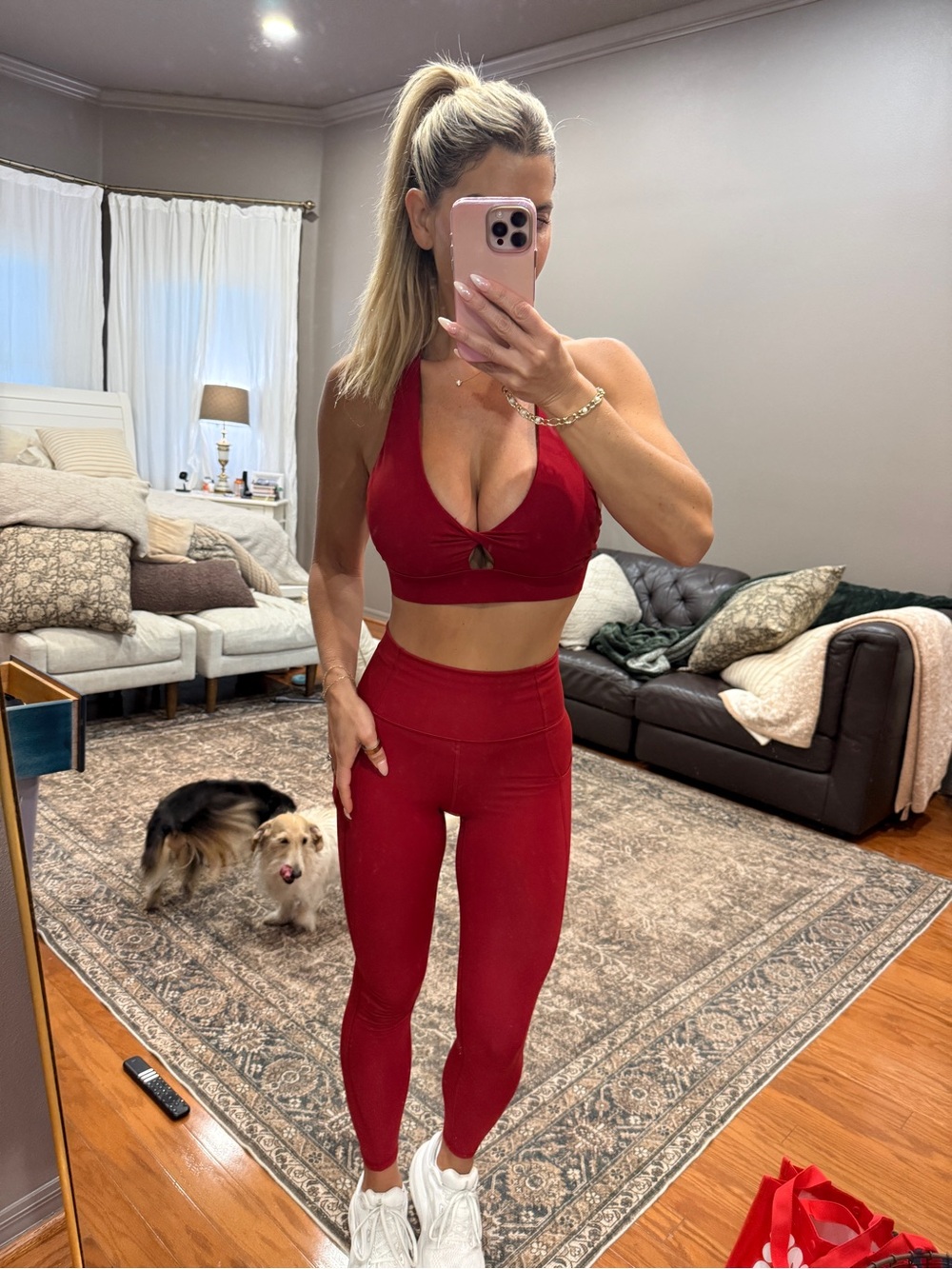 Fabletics Crimson Red High-Waist Leggings with Matching Sports Bra